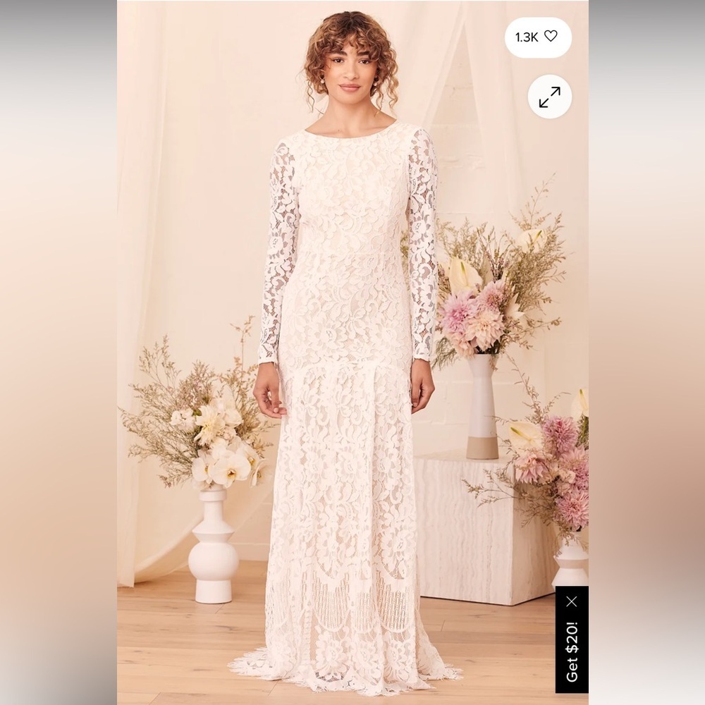 NWT Lulu's Say I Do White Lace Long Sleeve Mermaid Maxi Dress - Picture 9 of 16
